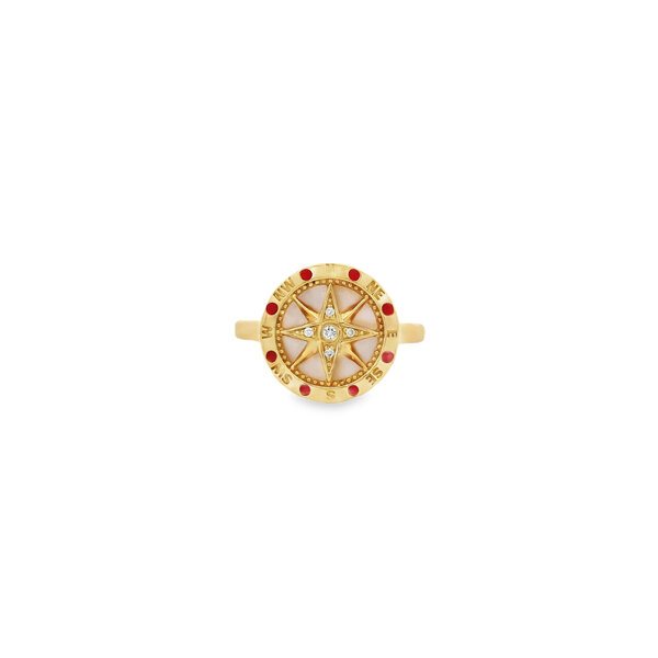 14K Yellow Gold Mother of Pearl & Enamel .03ct Diamond Compass Ring