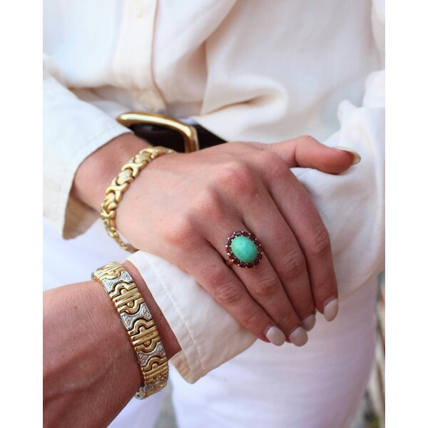 18K Yellow Gold Estate 7.30ct Turquoise & .75ct Garnet Ring Size 7.5