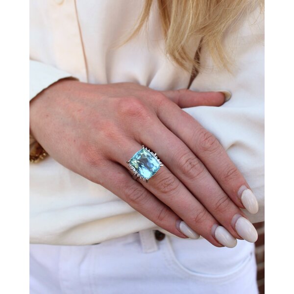 Platinum 1960's 11.83ct Elongated Cushion Aquamarine & .30ct Diamond Ring Size 6.5