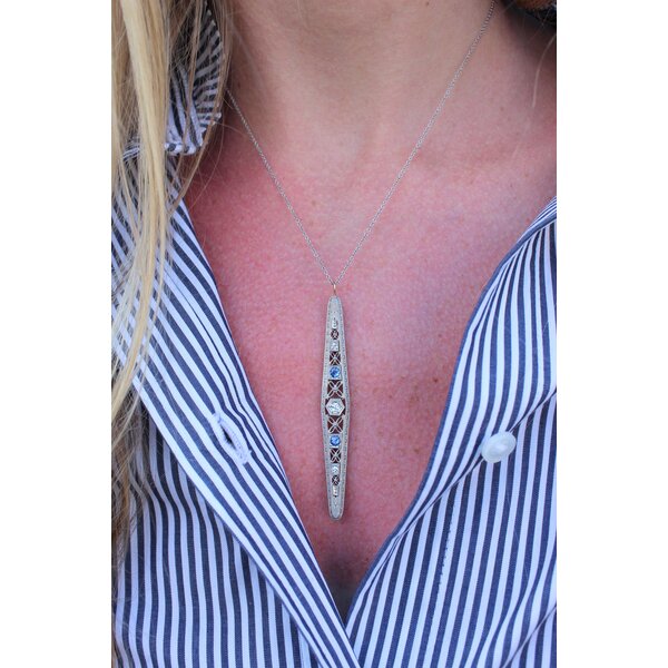 14K White Gold Art Deco 1930's .12ct Diamond & .15ct Sapphire Filigree Necklace 16"