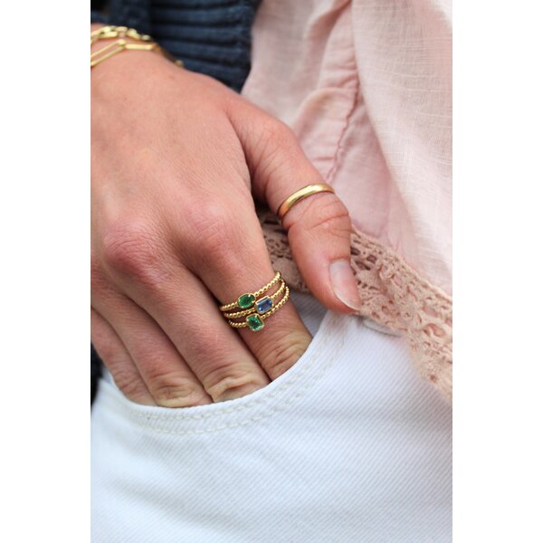 14K Yellow Gold .20ct Emerald Cut Emerald Beaded Ring Size 6.5