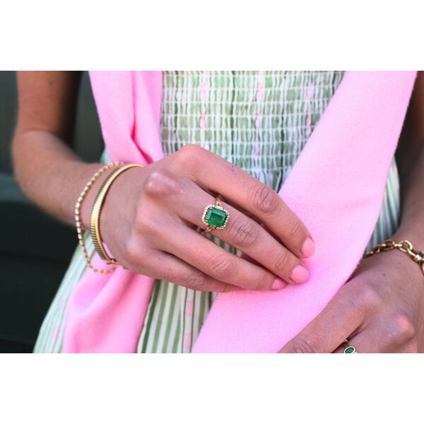 18K Yellow Gold 2.70ct Emerald Cut Emerald & .32ct Diamond Ring Size 7.25