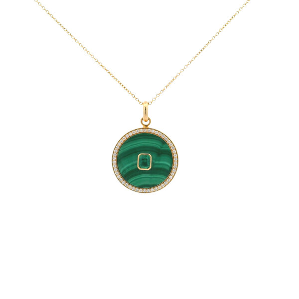 14K Yellow Gold .65ct Emerald & .39ct Diamond Round Malachite Disc Necklace 16"
