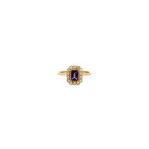 10KY .64ct Em Cut Amethyst .26ct Dia Milgrain Halo Ring Sz 6.5