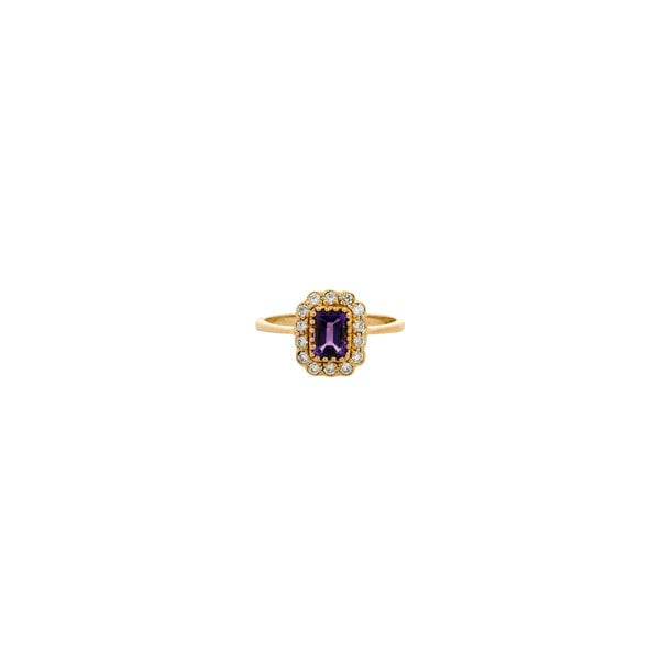 10K Yellow Gold .64ct Emerald Cut Amethyst & .26ct Diamond Milgrain Halo Ring Size 6.5