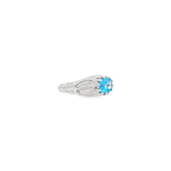 14K White Gold Art Deco Inspired Filigree 1.40ct Blue Topaz & .02ct Diamond Ring Size 6.25