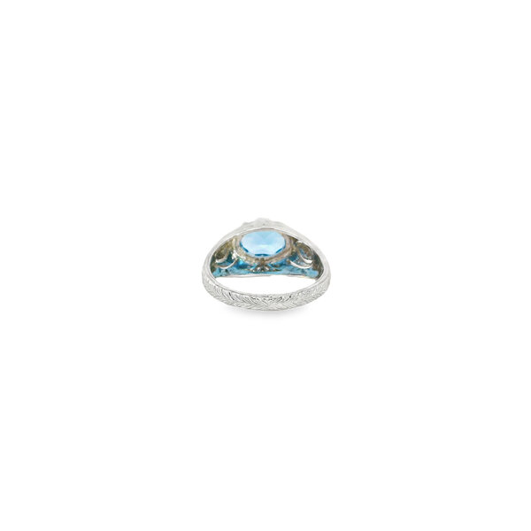 14K White Gold Art Deco Inspired Filigree 1.40ct Blue Topaz & .02ct Diamond Ring Size 6.25