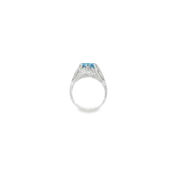 14K White Gold Art Deco Inspired Filigree 1.40ct Blue Topaz & .02ct Diamond Ring Size 6.25