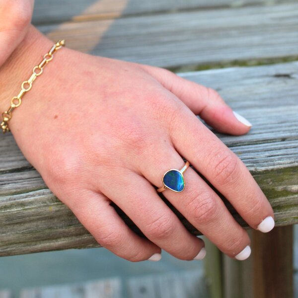 10K Yellow Gold 1.32ct Australian Freeform Doublet Opal Ring Size 6.5