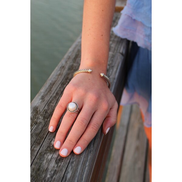 Sterling Silver Oxidized Rope Edge Freshwater Pearl Ring