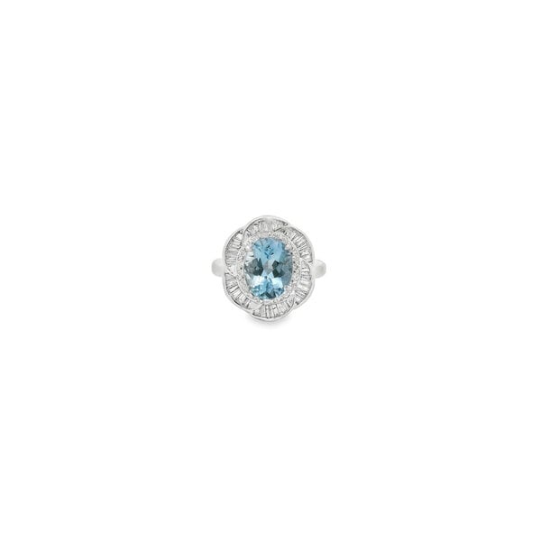 Platinum 1960's 2.42ct Oval Aquamarine & .80ct Diamond Halo Floral Ring Size 6.25