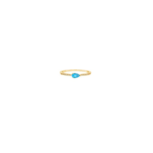 14K Yellow Gold .20ct Pear Blue Topaz & .12ct Diamond East to West Ring Size 7