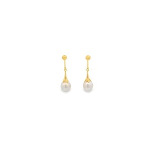 18KY 7.5mm White Freshwater Pearl Post Dangle Earrings 26mm Length