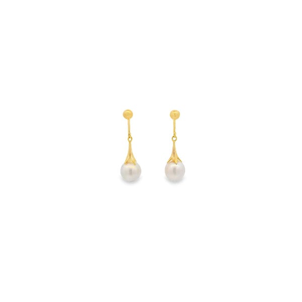18K Yellow Gold 7.5mm White Freshwater Pearl Post Dangle Earrings 26mm Length