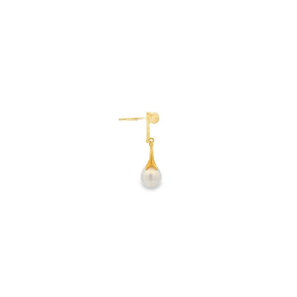 18K Yellow Gold 7.5mm White Freshwater Pearl Post Dangle Earrings 26mm Length