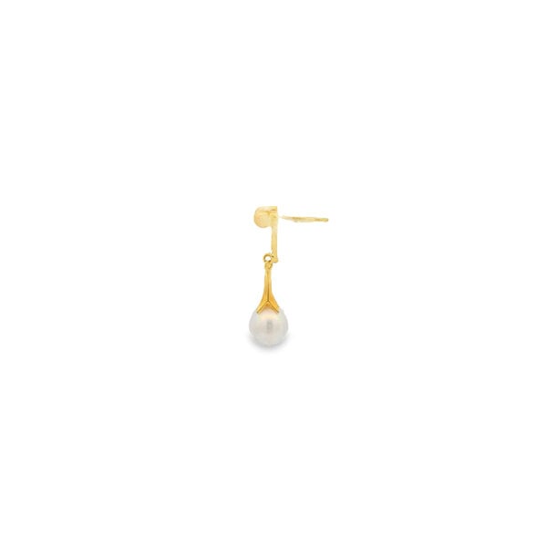 18K Yellow Gold 7.5mm White Freshwater Pearl Post Dangle Earrings 26mm Length