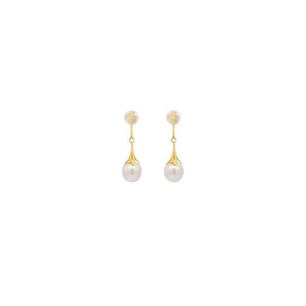 18K Yellow Gold 7.5mm White Freshwater Pearl Post Dangle Earrings 26mm Length
