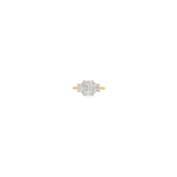 14K Yellow Gold Three Stone 2.70ct (Total Diamond Weight) Emerald Cut Lab & Trapezoid Lab Diamond Ring Size 6.5