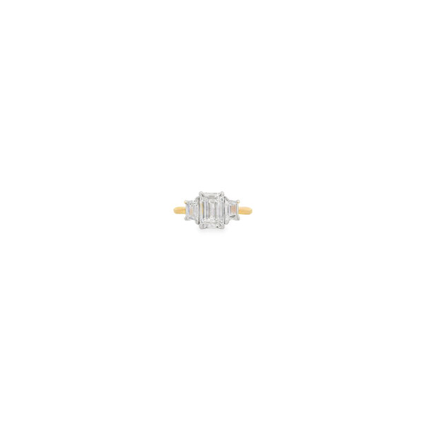 14K Yellow & White Gold Three Stone 2.70ct (Total Diamond Weight) Emerald Cut Lab & Trapezoid Lab Diamond Ring Size 6.5