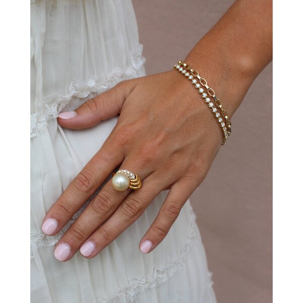 18K Yellow Gold 1970's 12.5mm Golden Freshwater Pearl & .35ct Diamond Ring Size 7