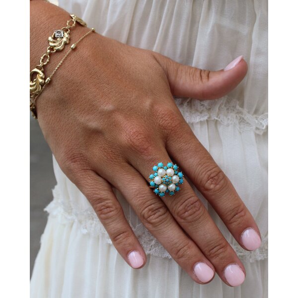 18K Yellow Gold 1960's Freshwater Pearl & Turquoise Ring Size 6