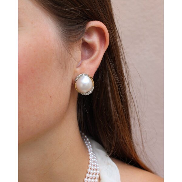 14K Yellow Gold 1970's 15mm Mabe Pearl & .60ct Dia Omega Post Earrings