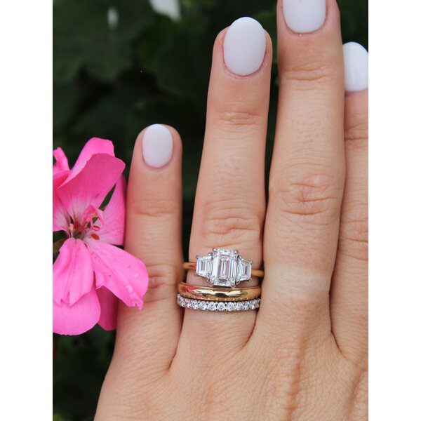 14K Yellow & White Gold Three Stone 2.70ct (Total Diamond Weight) Emerald Cut Lab & Trapezoid Lab Diamond Ring Size 6.5