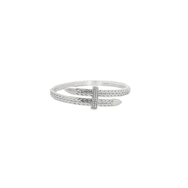 Sterling Silver Wheat Textured Wrap Cubic Zirconia Hinged Bangle 7"