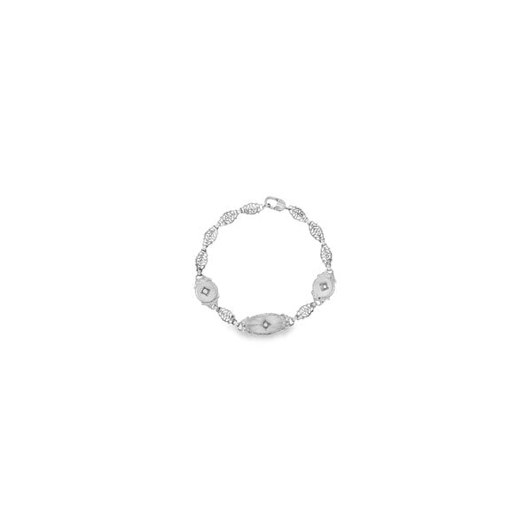14K White Gold 1930's .04ct Diamond Camphor Glass Filigree Bracelet 7.25"