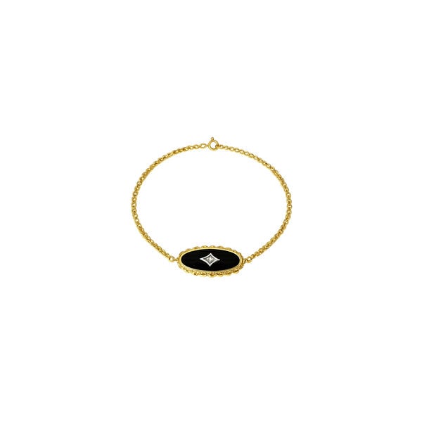 14K Yellow Gold 1940's Oval Onyx & .02ct Diamond Rope East to West Conversion Bracelet 7.5"