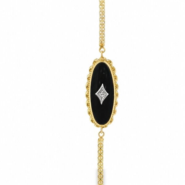 14K Yellow Gold 1940's Oval Onyx & .02ct Diamond Rope East to West Conversion Bracelet 7.5"