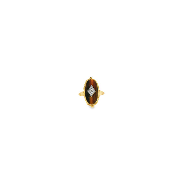 10K Yellow Gold 1960's Tigers Eye & .01ct Diamond Ring Size 5.25