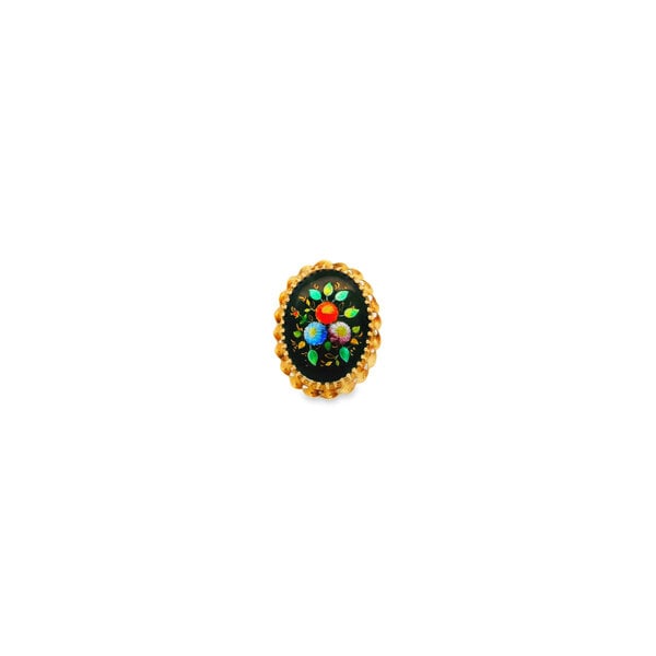 14K Yellow Gold Estate Oval Enamel Floral Rope Ring Size 8.5
