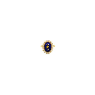18KY 1950's Victorian Revival Blue/Gold Enamel Floral Pearl Ring Sz 5.5