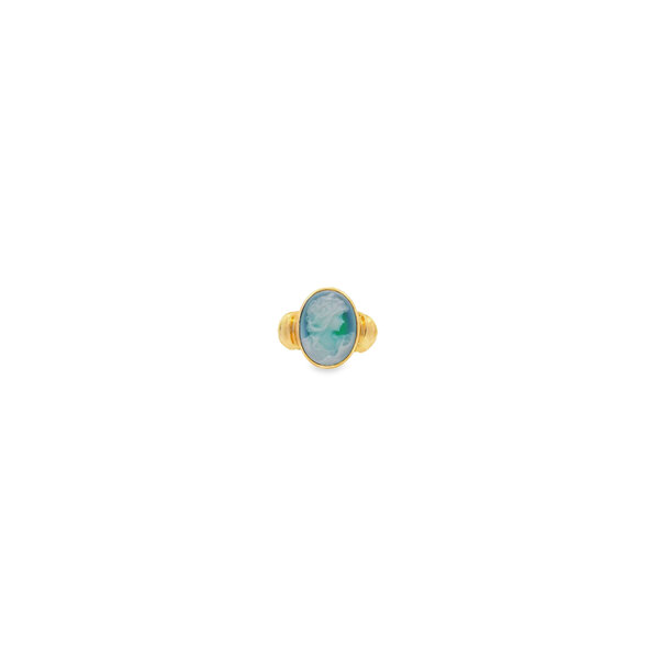 10K Yellow Gold Estate Blue Agate Oval Cameo Ring Size 8.25