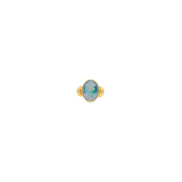 10KvYellow Gold Estate Blue Agate Oval Cameo Ring Size 8.25