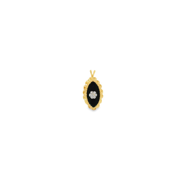 14K Yellow Gold 1950's Marquise Black Onyx & .10ct Diamond Rope Edge Pendant 25x13mm
