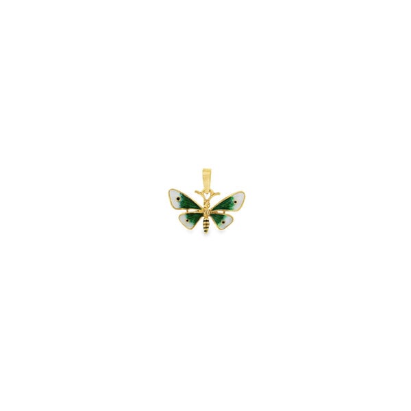 14K Yellow Gold Estate Green Black & White Enamel Butterfly Pendant 19x23mm