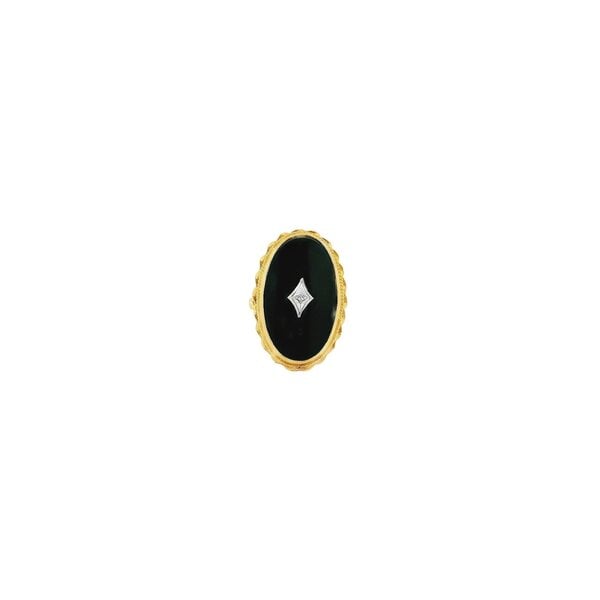 14K Yellow & White Gold 1940's 28x19mm Black Onyx & .02 Diamond Oval Rope Ring Size 8.75
