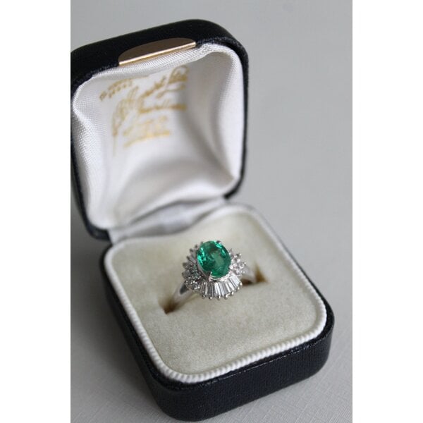 Platinum 1960's 1.06ct Oval Russian Emerald & .57ct Diamond Ring Size 6.5 GIA*