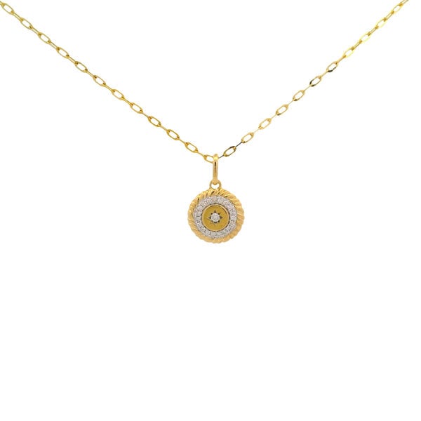10K Yellow Gold .08ct Diamond Textured Star Set Disc Necklace 16"-17"-18"