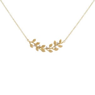10KY .05ct Dia Curved Brushed Leaf Bar Necklace 18"
