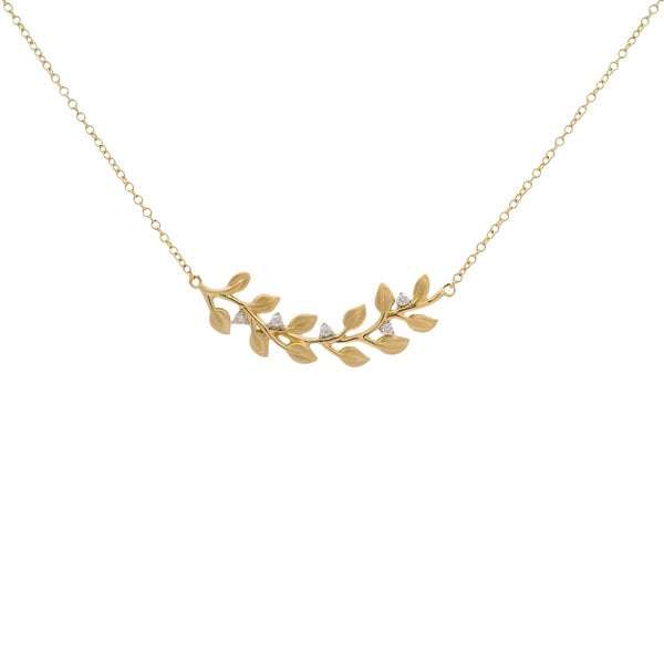 10K Yellow Gold .05ct Diamond Curved Brushed Leaf Bar Necklace 18"