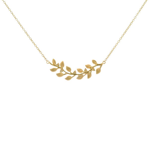 10K Yellow Gold .05ct Diamond Curved Brushed Leaf Bar Necklace 18"