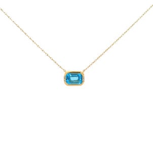 14KY 1ct East to West Blue Topaz .02ct Dia Split Chain Bezel Necklace 18"