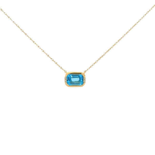 14K Yellow Gold 1ct East to West Blue Topaz .02ct Diamond Split Chain Bezel Necklace 18"