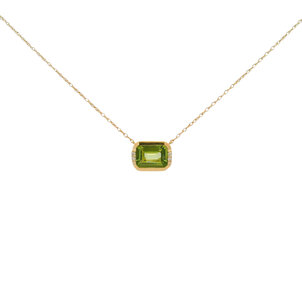 14KY 1ct East to West Peridot .02ct Dia Split Chain Bezel Necklace 18"