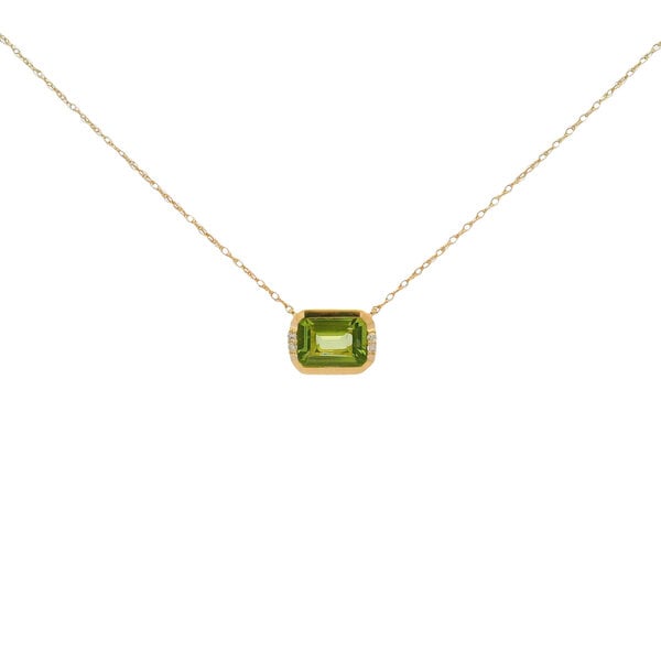 14K Yellow Gold 1ct East to West Peridot .02ct Diamond Split Chain Bezel Necklace 18"