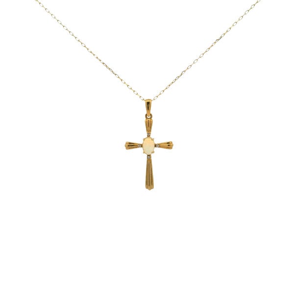 10K Yellow Gold Estate .02ct Diamond .35ct Opal Textured Cross Necklace 16"-18" ADJ