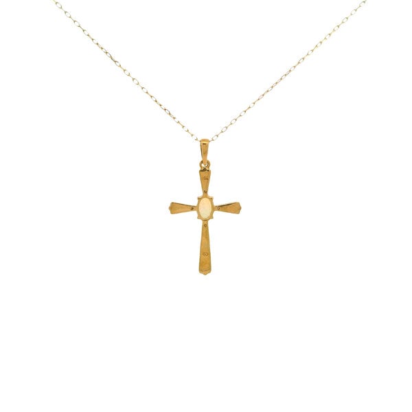 10K Yellow Gold Estate .02ct Diamond .35ct Opal Textured Cross Necklace 16"-18" ADJ